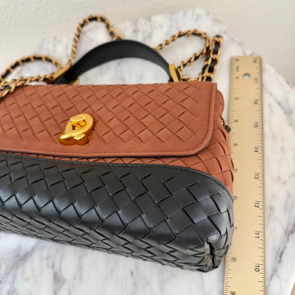 Brown Black Two-Tone Woven Leather Top Handle Crossbody Chain Strap Bag - Picture 14 of 14